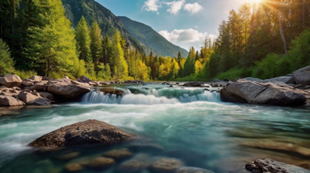 Mountain river with clear water in the Altai mountains, Russiaの写真素材