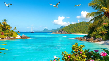 Tropical beach with palm trees, turquoise water and seagullsの写真素材