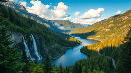Panoramic view of beautiful mountain lake with high waterfall in the mountains