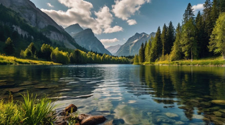 Panoramic view of the mountain lake in the Dolomites