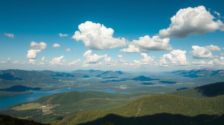 Mountain landscape with lake and blue sky. Panoramic view.の写真素材
