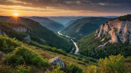 Panoramic view of the valley and the mountain river at sunsetの写真素材