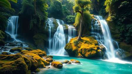 Beautiful waterfall in tropical forest, Thailand. Long exposure shot.