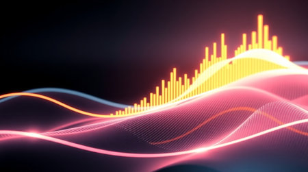 3d rendering of sound waveform in virtual space. Futuristic sound waveform. Sound waveform with glowing particles. Sound waveform with bokeh effect.の写真素材
