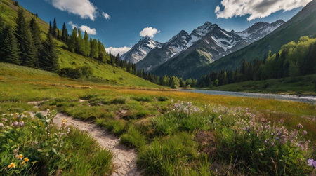 Panoramic view of alpine meadow with wildflowers and snow-capped mountains in backgroundの写真素材