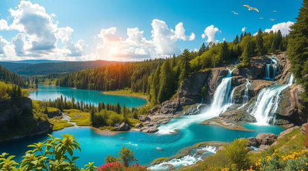Beautiful view of the turquoise lake with a waterfall on the background of the mountainsの写真素材