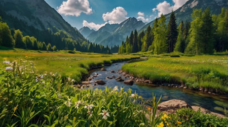 Mountain landscape with river and forest. Summer in the mountains.の写真素材