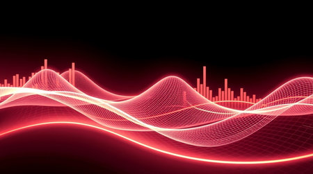 abstract red background with glowing lines and bokehの写真素材