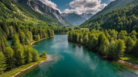Aerial view of a beautiful mountain lake in the Alps. Beautiful summer landscape.の写真素材