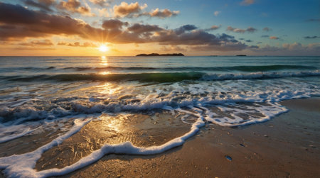 Beautiful sunrise over the sea. Panoramic view of the beach.の写真素材