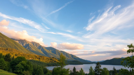 Beautiful mountain landscape with a lake at sunset in the summer.
