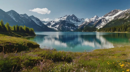 panoramic view of alpine lake in the italian alpsの写真素材