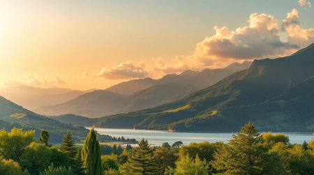 Sunset over Lake Wakatipu, Queenstown, New Zealandの写真素材