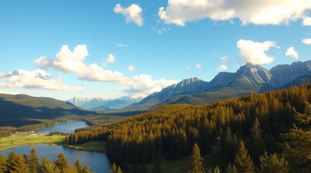 Mountain lake and forest on the background of blue sky with cloudsの写真素材