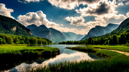 Beautiful summer landscape with river and mountains in the background. Composition of nature.