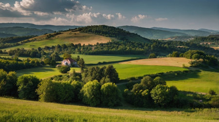 Panoramic view of the countryside in Carpathian mountains.の写真素材
