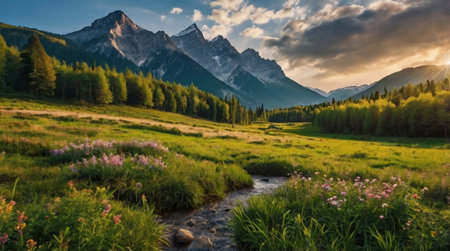 Panoramic view of alpine meadow with wildflowers at sunset.