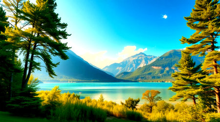 Beautiful view of a lake with mountains in the backgroundの写真素材