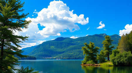Beautiful landscape with mountain lake and forest. Panoramic view.の写真素材