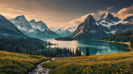 panoramic view of the lake and mountains at sunset, Switzerlandの写真素材
