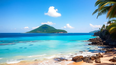 Panoramic view of beautiful sandy beach with turquoise sea and palm treesの写真素材