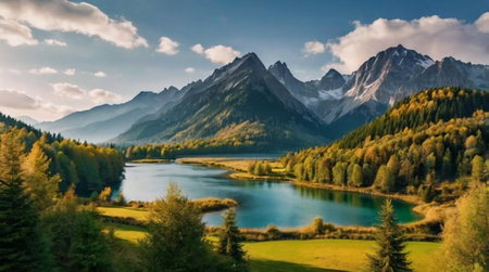 Panoramic view of the lake and mountainsの写真素材
