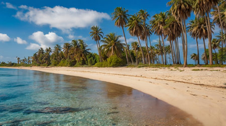 Panorama of a beautiful tropical beach with palm trees in the foregroundの写真素材