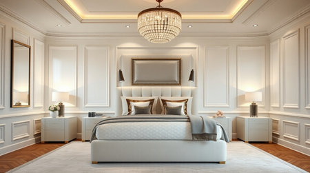 3d rendering luxury bedroom suite in classic style with white walls and wooden floorの写真素材