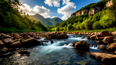 Mountain river landscape. Mountain river landscape. Mountain river in the mountainsの写真素材