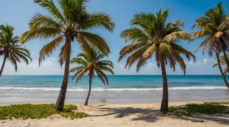 Coconut palm trees on a tropical beach.