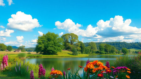 Beautiful summer landscape with lake, trees, flowers and blue skyの写真素材