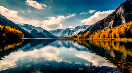 Beautiful alpine lake with reflection of mountains and clouds in autumn