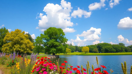 Spring landscape with lake and colorful flowers in the park on a sunny dayの写真素材