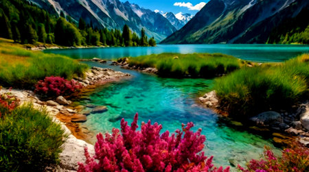 panoramic view of turquoise lake with pink flowers and mountains in background