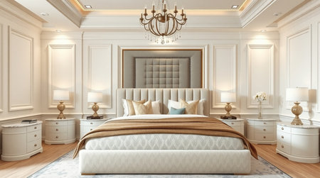 3d render of luxury classic bedroom suite in classic style with golden wallsの写真素材