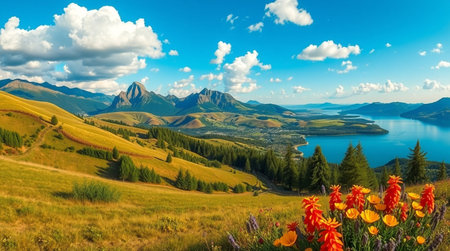 Panoramic view of lake and mountains in the background. Fantastic summer landscape.の写真素材