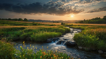 beautiful summer landscape with a small river on the background of the setting sunの写真素材