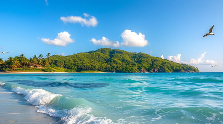 Panorama of beautiful Seychelles beach on Praslin island, Seychellesの写真素材