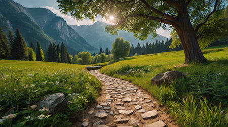 Panoramic view of a path in the mountains. Beautiful landscape.の写真素材