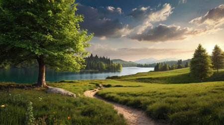 Beautiful summer landscape with mountain lake and green meadow at sunsetの写真素材