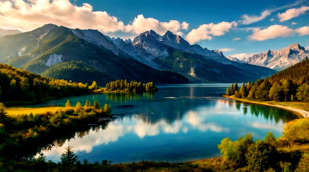 Panoramic view of the mountain lake. The beauty of nature.の写真素材