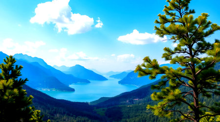 Beautiful mountains landscape with lake and pine trees in the foreground.の写真素材