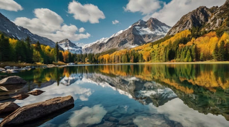 Autumn Landscape. Mountain lake with reflection of mountains and clouds.の写真素材