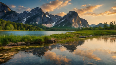 Beautiful alpine lake with reflection of mountains in water at sunset