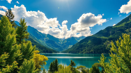 Panoramic view of a beautiful alpine lake in the Alps