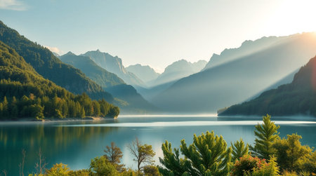 Beautiful alpine lake in the morning. Composition of nature.の写真素材
