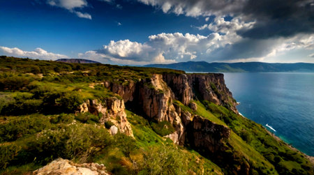Panoramic view of the sea and mountains in Crimea, Ukraineの写真素材