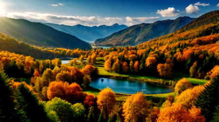 panoramic view of autumn forest and lake in mountains. beautiful nature sceneryの写真素材