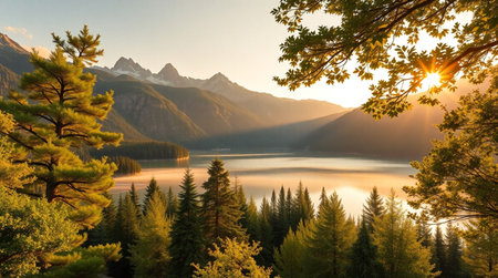 Mountain lake in the morning light. Landscape with mountains and forestの写真素材