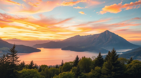 Sunset over Lake Lucerne, Switzerland. Panoramic viewの写真素材